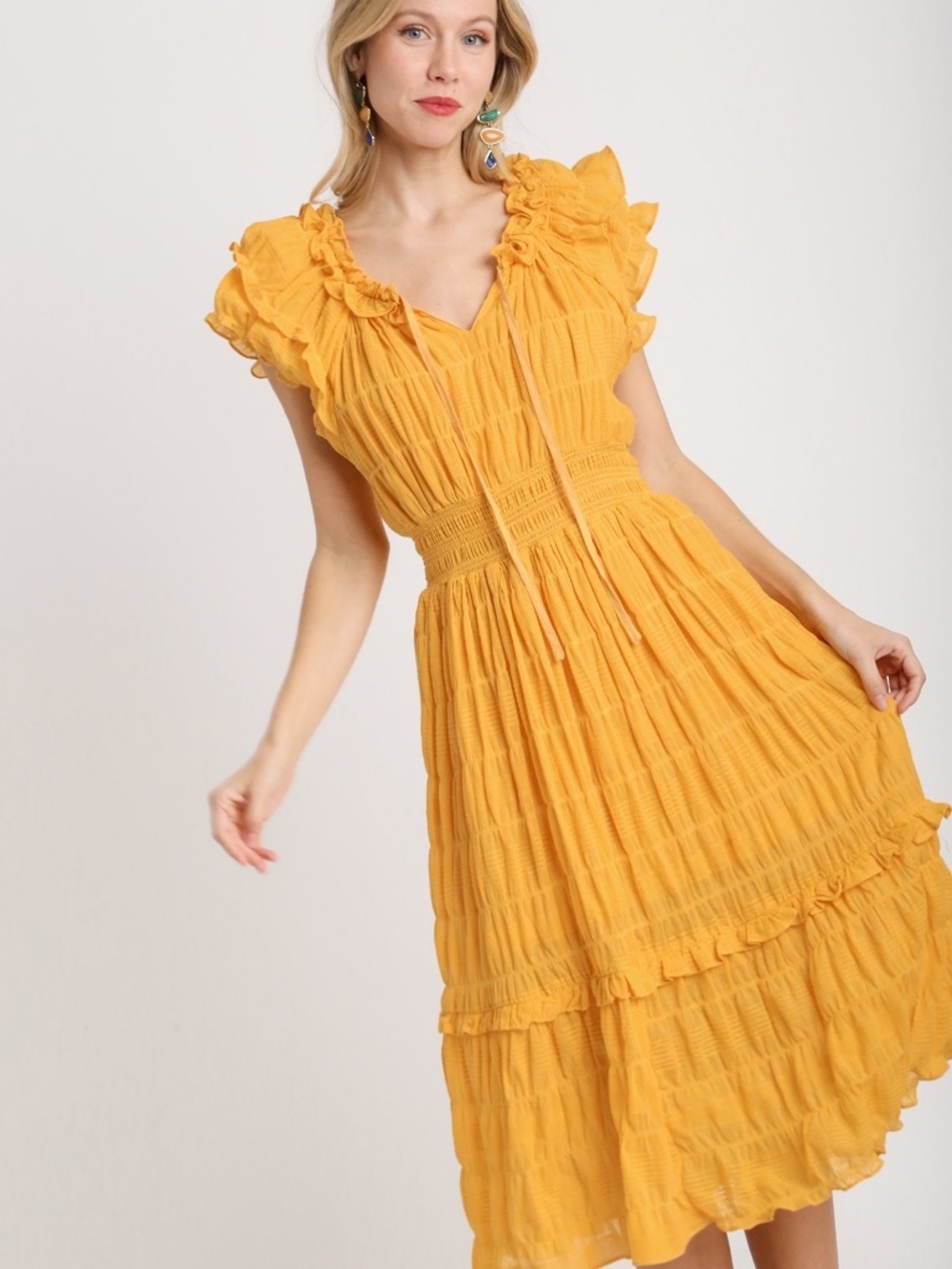Umgee Honey Textured Smocked Midi Dress NWT